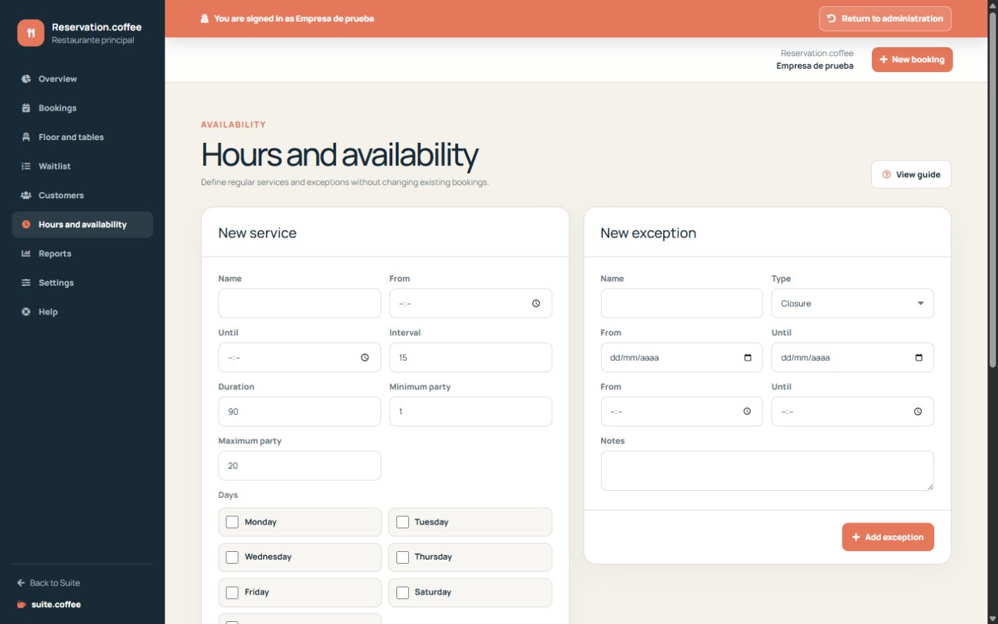 Reservation availability page with regular services and date exceptions.