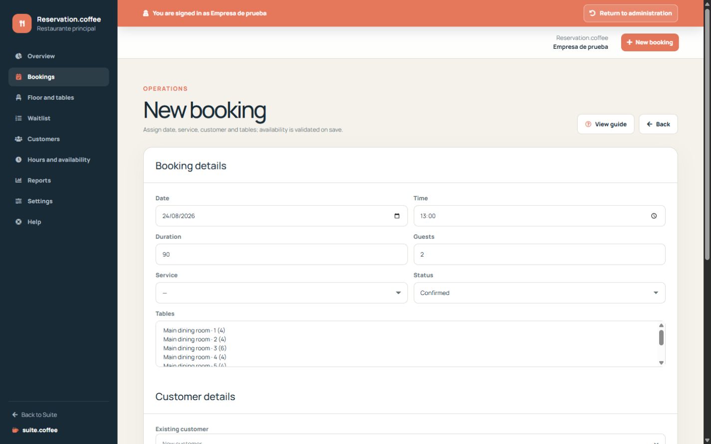 Reservation booking form with schedule, guests, tables and customer details.