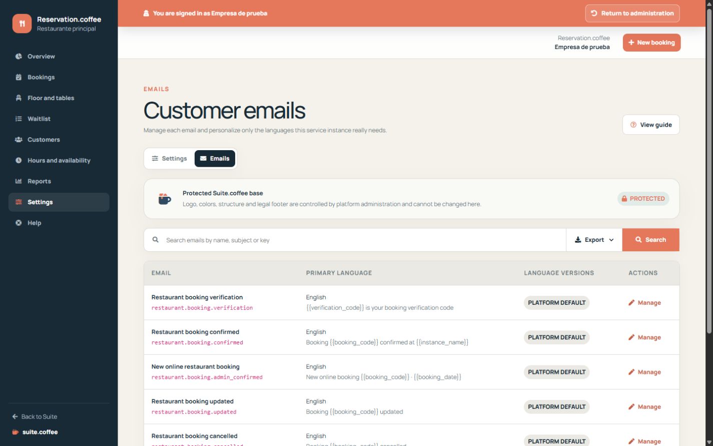 Reservation email template list with primary language and customisation status.