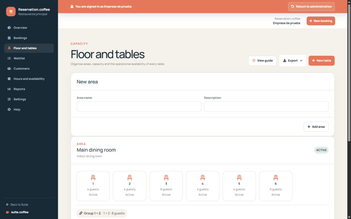 Reservation floor view with areas, tables, capacities and combinations.