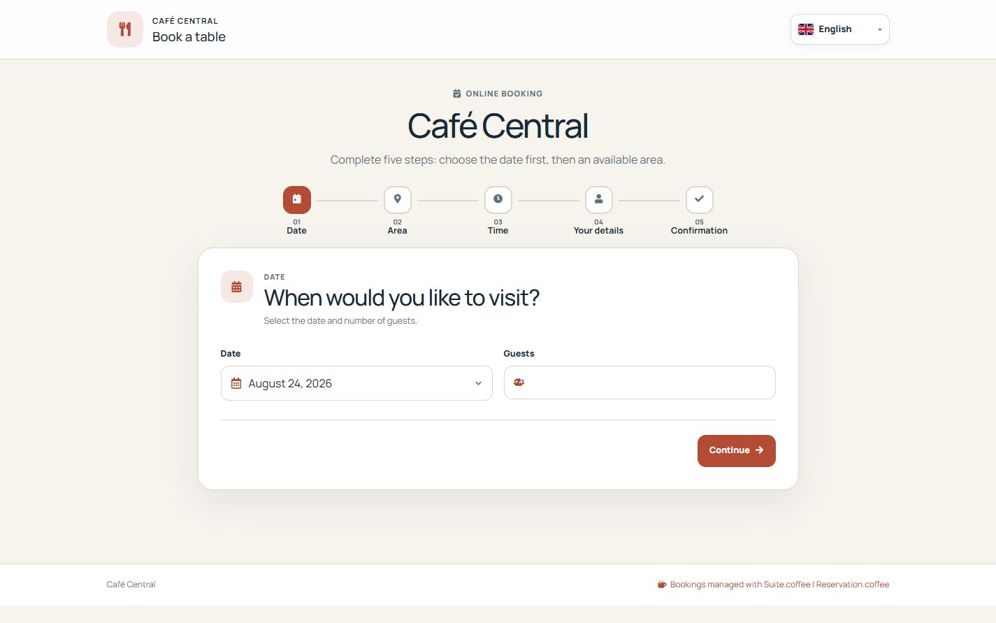 Public Reservation booking wizard with date, area, time and confirmation steps.