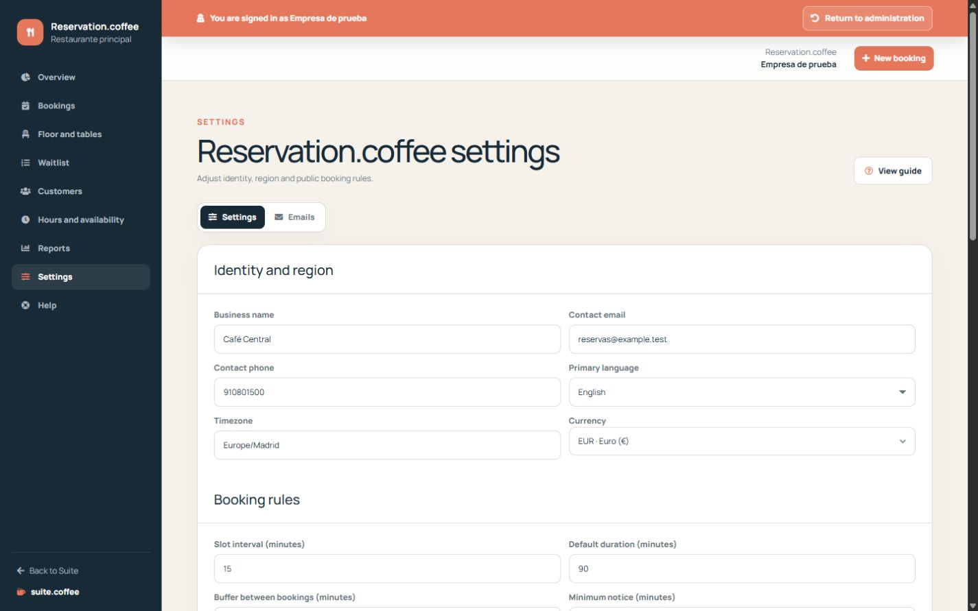 Reservation settings with identity, region and public booking rules.