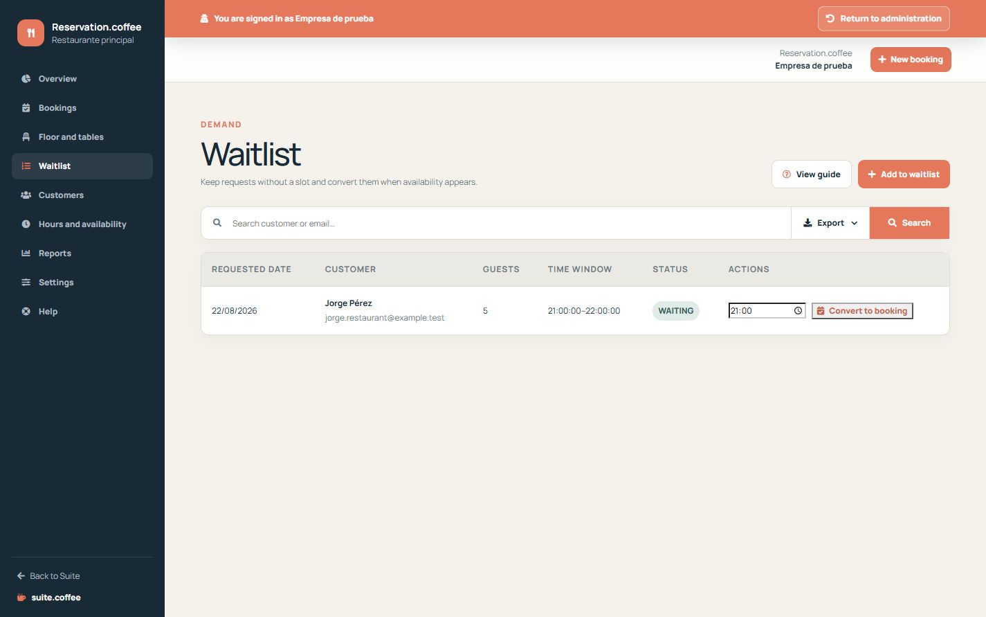 Reservation waitlist with requested date, guest, party size and conversion action.