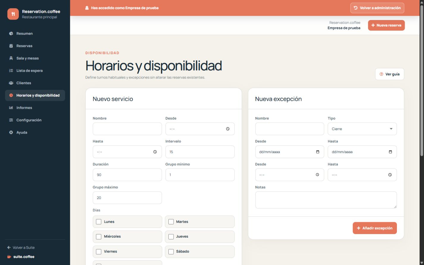 Página de disponibilidad de Reservation con servicios habituales y excepciones.