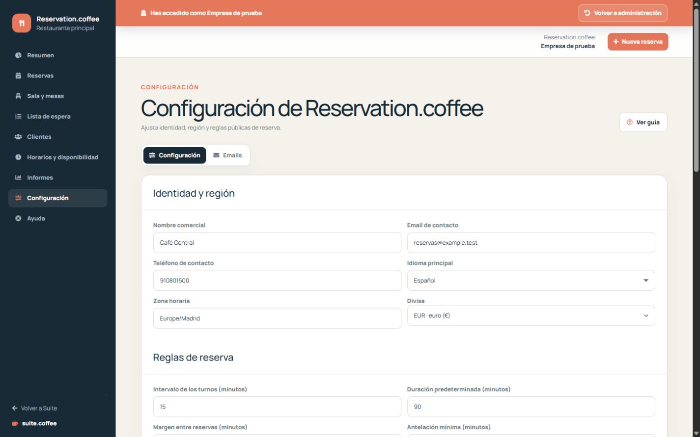 Configuración de Reservation con identidad, región y reglas públicas.