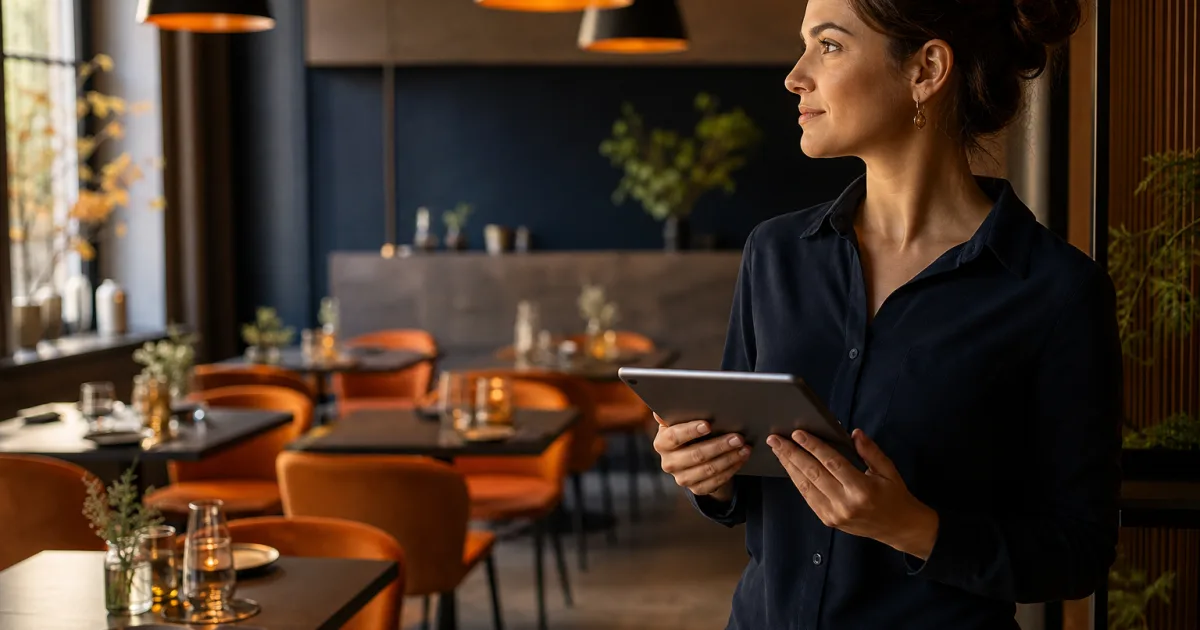 Responsable de restaurante revisando próximas reservas por servicio y zona de comedor