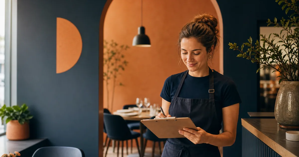 Equipo de un restaurante pequeño revisando reservas y disponibilidad de mesas
