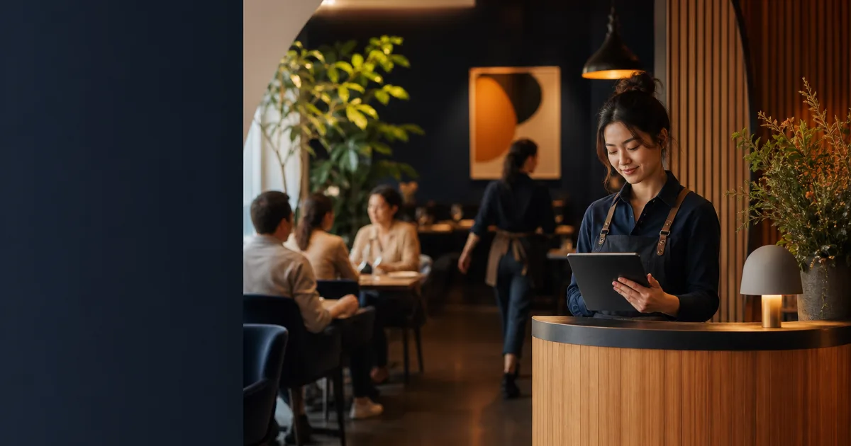 Hôte consultant la liste d’attente et la disponibilité des tables d’un petit restaurant