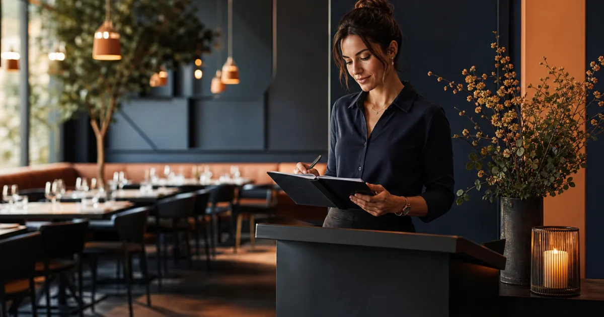 Gerente de restaurante revisando cambios en reservas en un plan de mesas