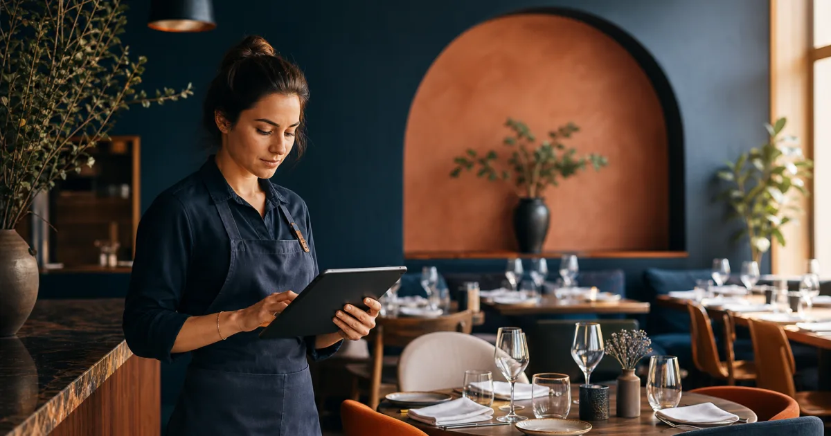 Restaurant manager reviewing booking availability for lunch and dinner services