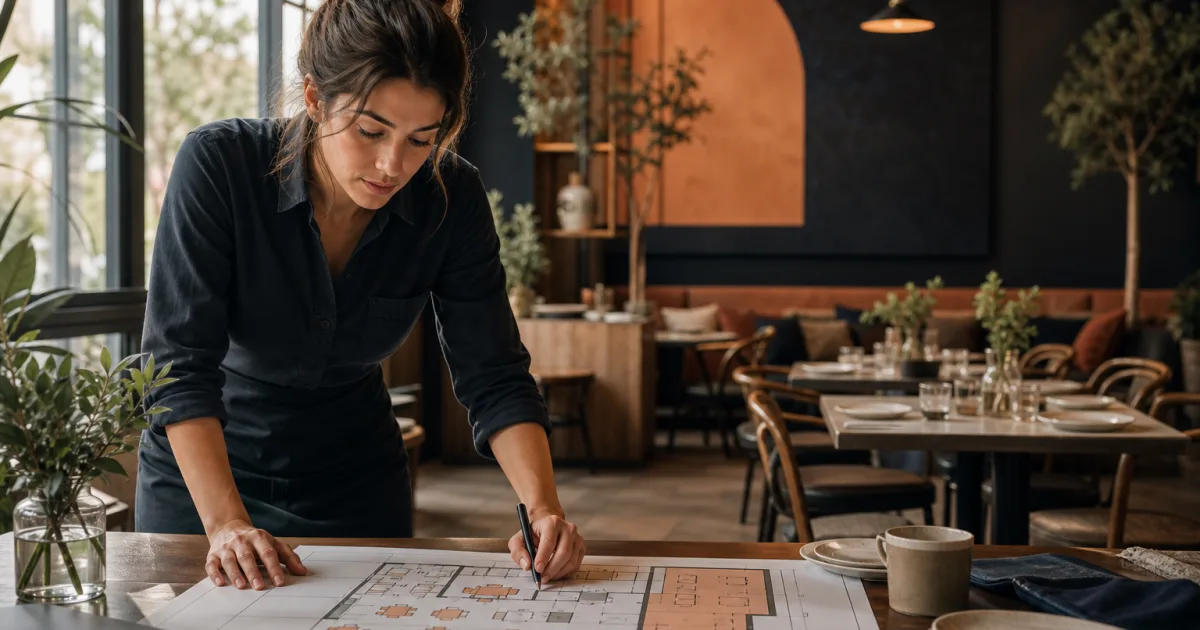 Responsable de restaurante revisando la disponibilidad de mesas por zonas