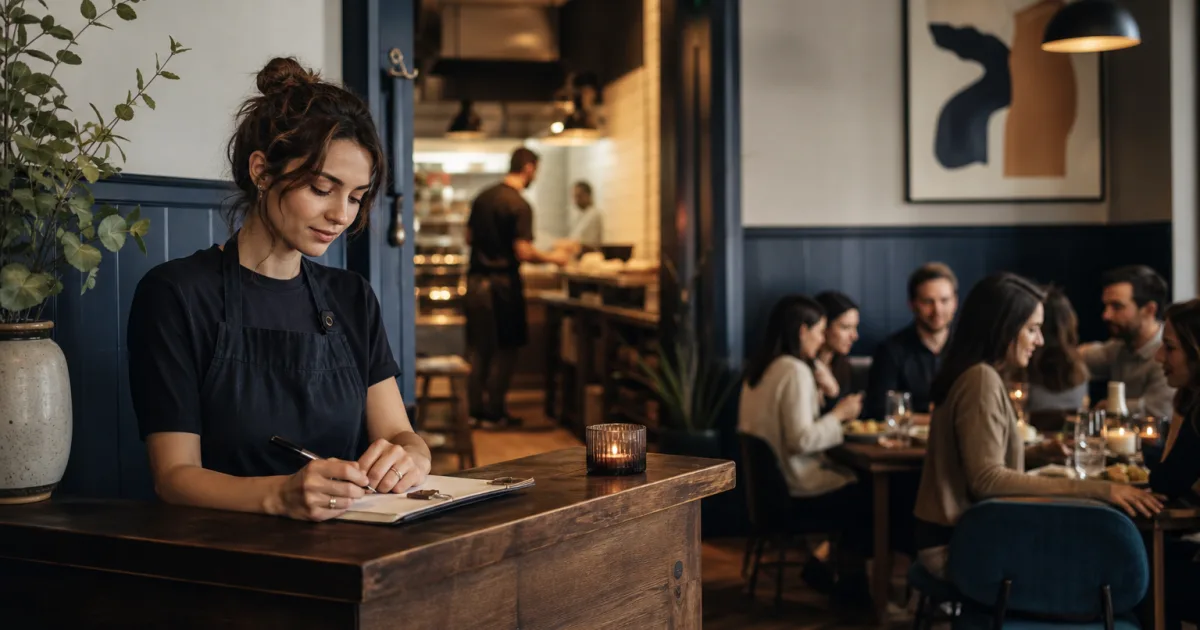 Personal de recepción de un restaurante revisando la disponibilidad de mesas para clientes sin reserva y reservas online