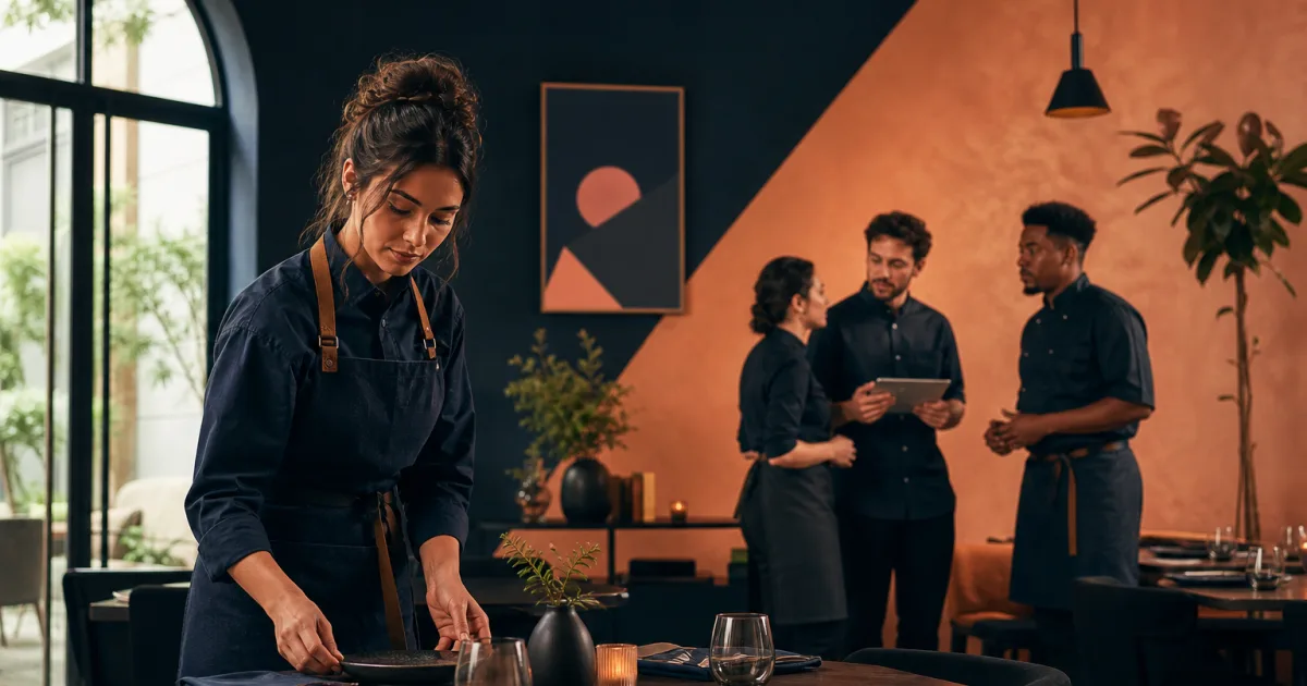 Responsable de restaurante revisando mesas temporalmente no disponibles y reservas