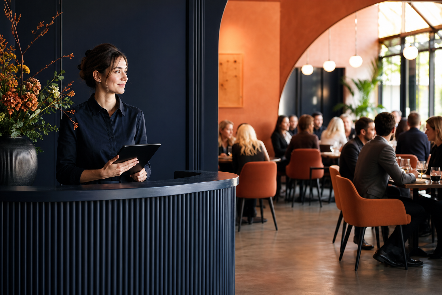 Equipo de restaurante revisando la disponibilidad de mesas y una lista de espera para un servicio con mucha afluencia