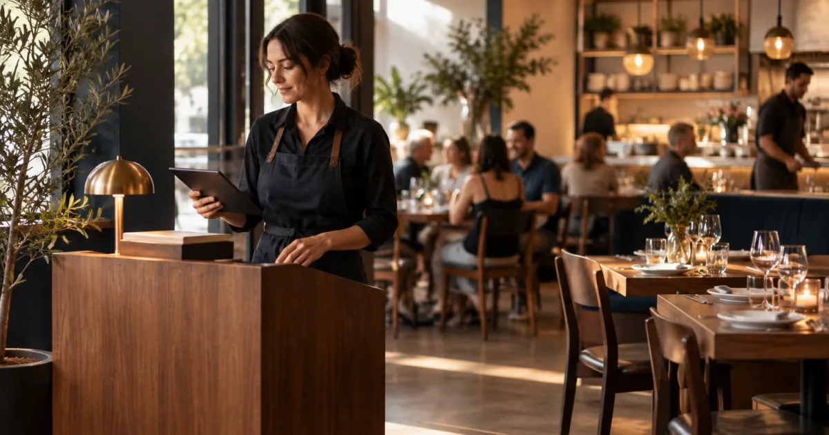 Equipo de un restaurante revisando la disponibilidad de mesas, las reservas y una lista de espera antes del servicio