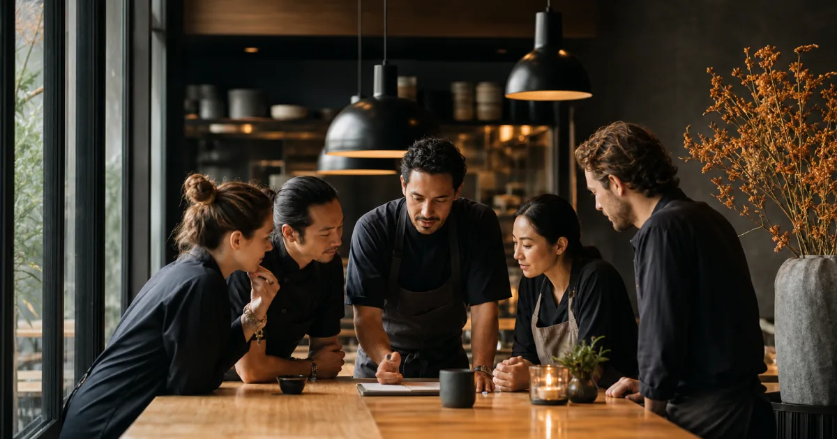 Equipo de restaurante revisando reservas y disponibilidad de mesas antes de un fin de semana intenso